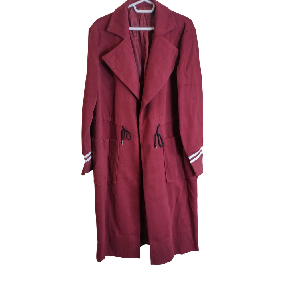 Burgundy Longline Drawstring Trench Coat with Striped Cuffs M7P162 XL